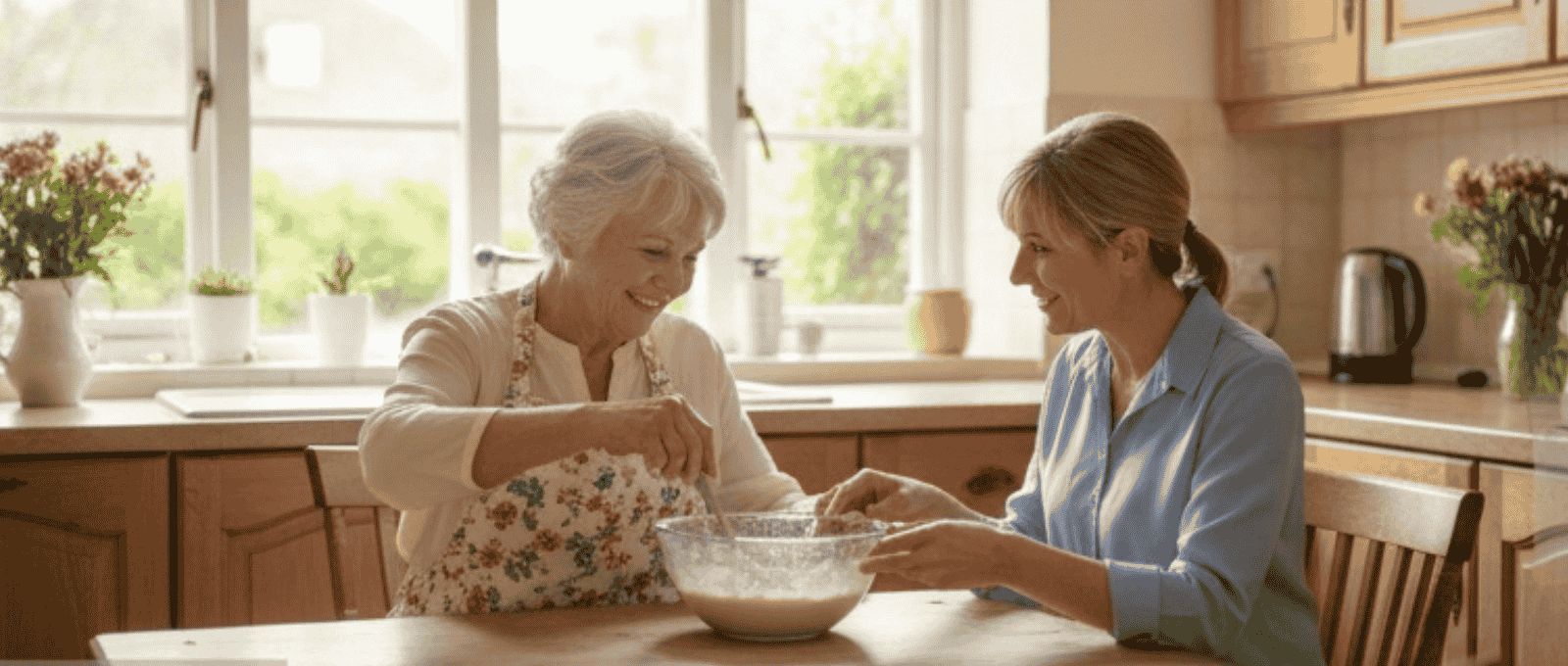 Couple baking together in their kitchen with live-in care support