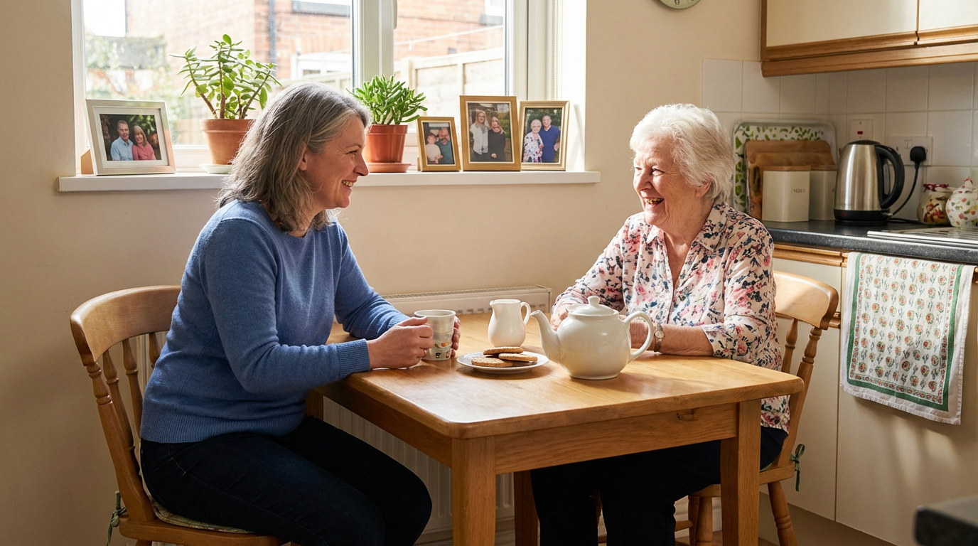 Carer holding hands with client, providing compassionate support